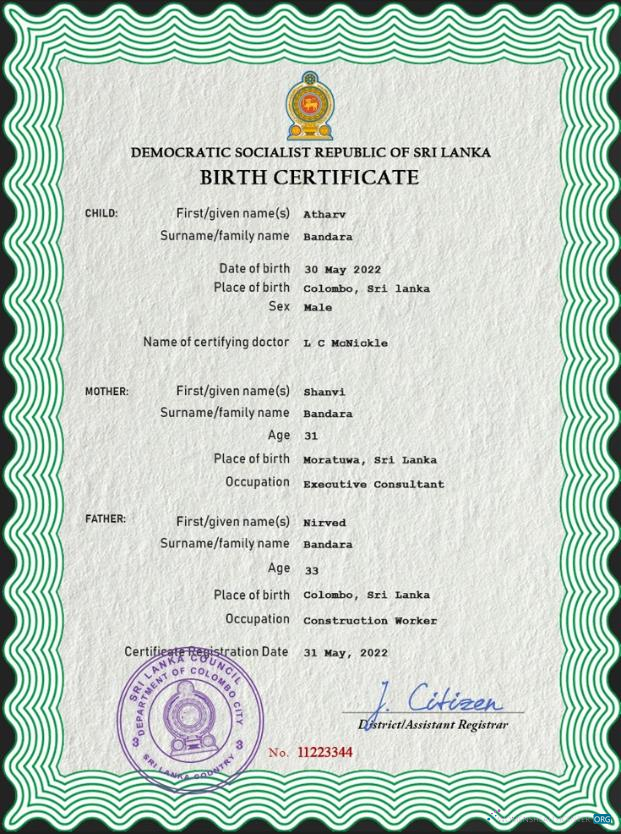 Download Sri Lanka vital record birth certificate PSD template Photoshop template